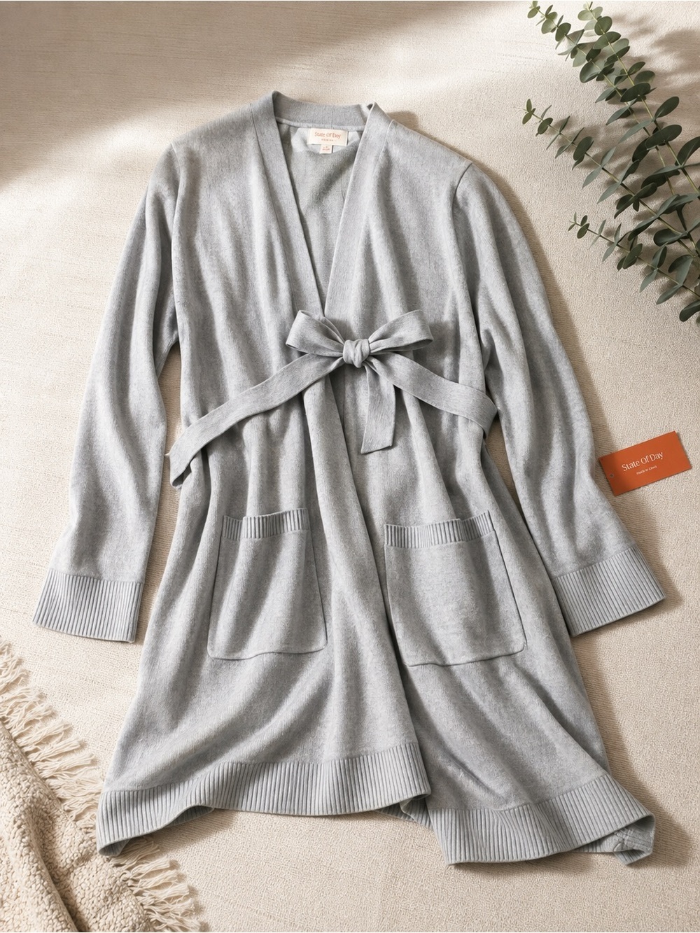 Light Gray Tie-Waist Knit Robe with Patch Pockets - Women Intimates & Sleepwear